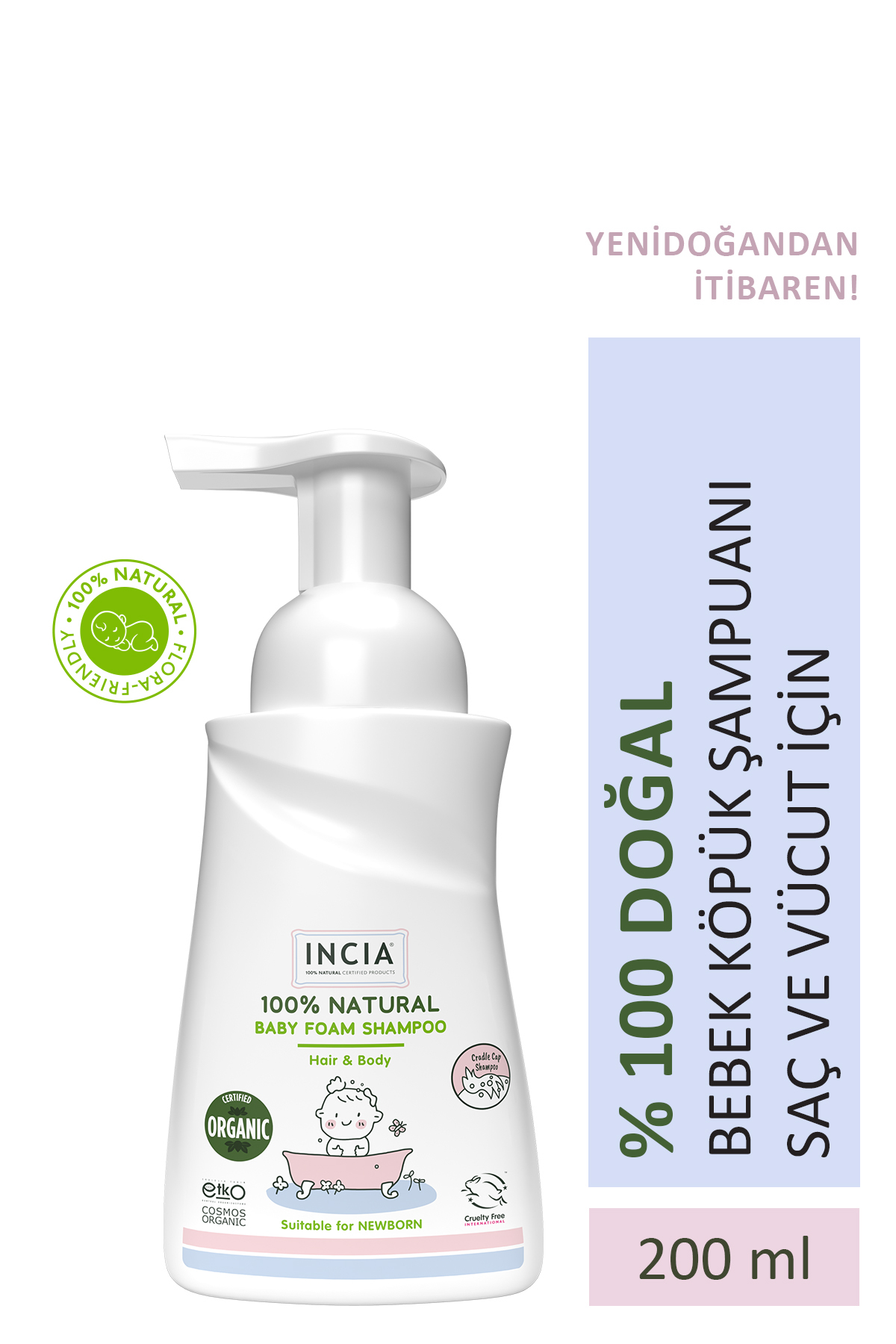 INCIA 0 Doğal Organik Sertifikalı Bebek Köpük Şampuanı Saç Vücut Lavanta Konak Önleyici Yenidoğan 200ml