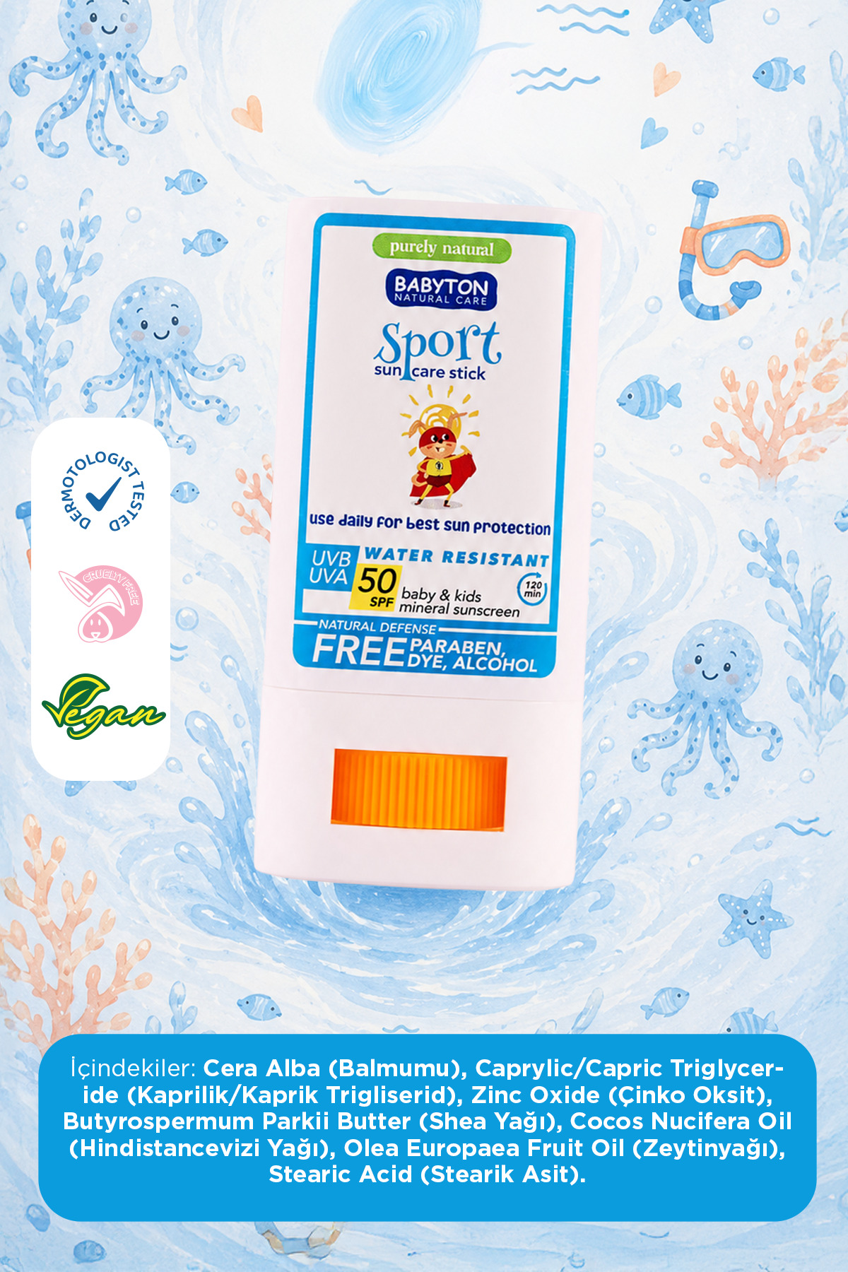 BABYTON Doğal Suya Dayanıklı Güneş Koruyucu Stick 50 SPF 20 gr - Görsel 3