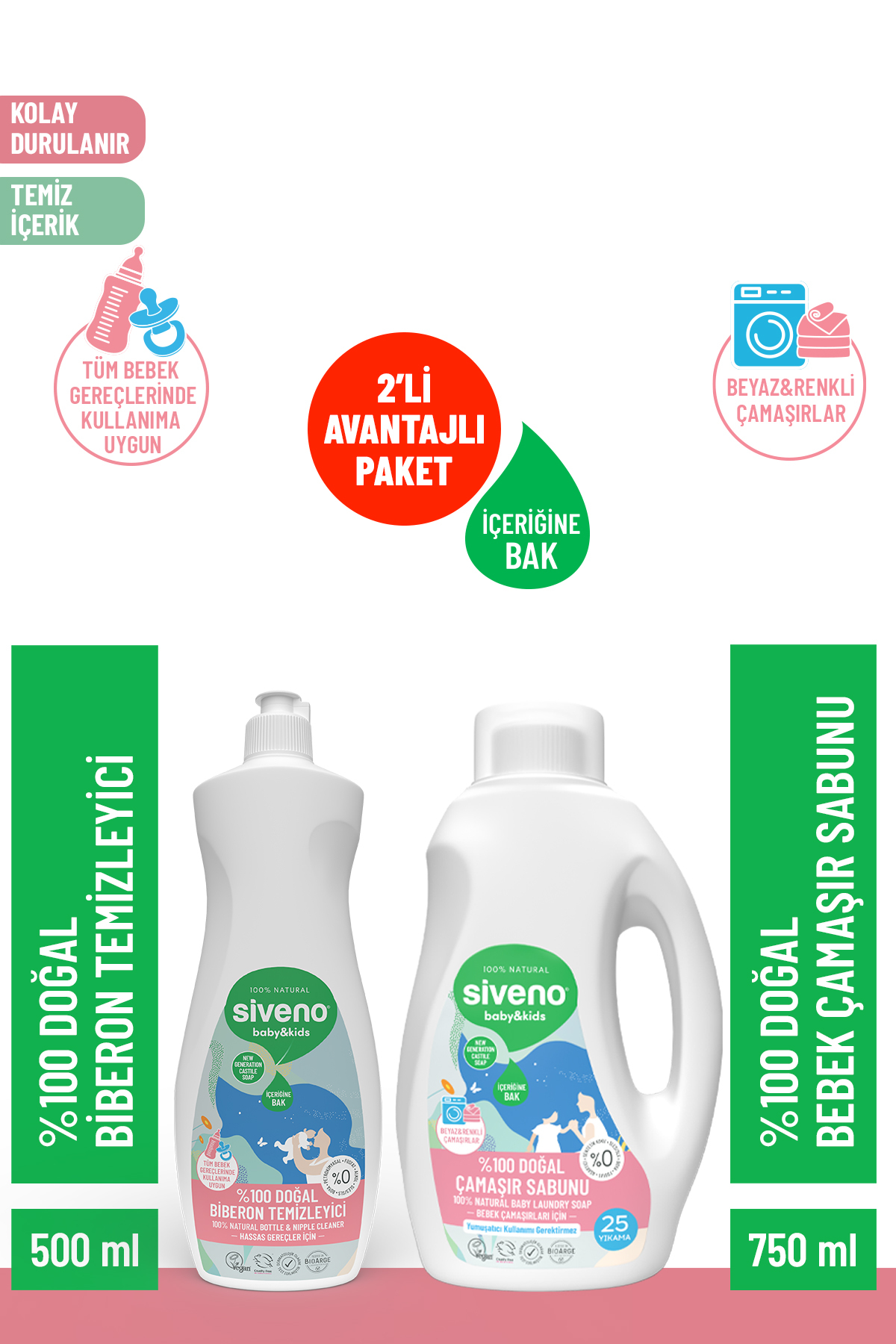 Siveno 0 Doğal Bebek Çamaşır Sabunu 750 ml & Biberon Emzik Temizleyici Elde Bulaşık Sabunu 500 ml