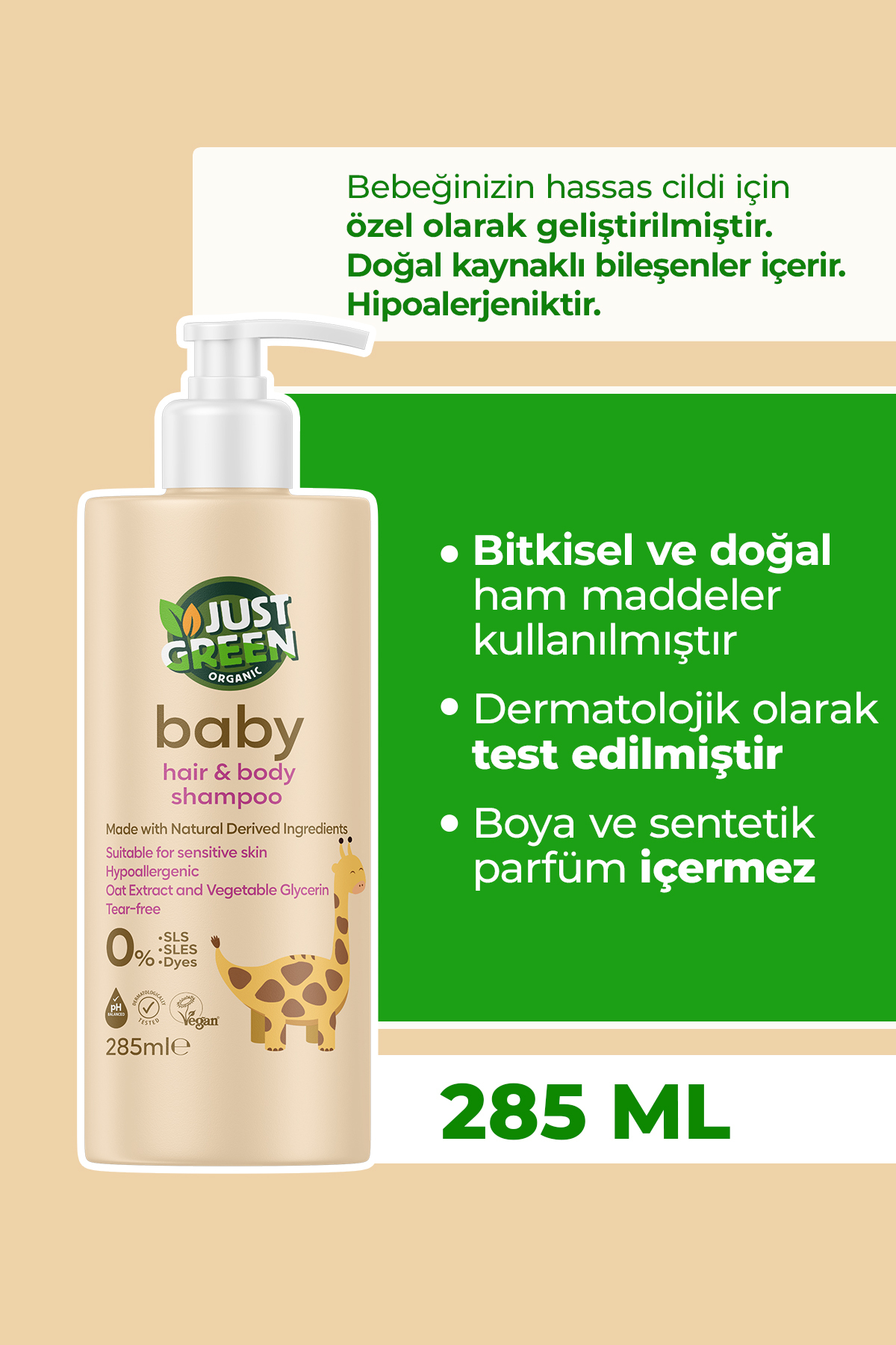 Just Green Organic Baby 0 Doğal Bebek Saç ve Vücut Şampuanı Göz Yakmayan, 285ml