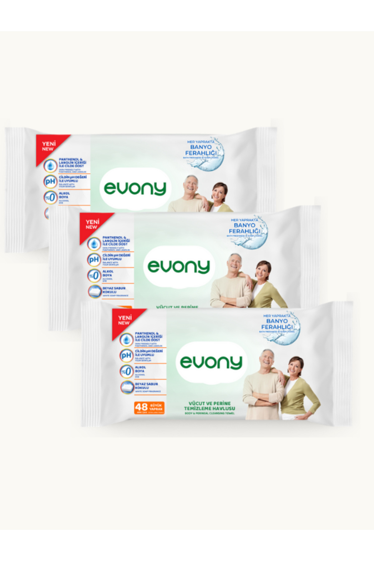 Evony VÜCUT VE PERİNE TEMİZLİME HAVLUSU 48 BÜYÜK YAPRAK 3 ADET