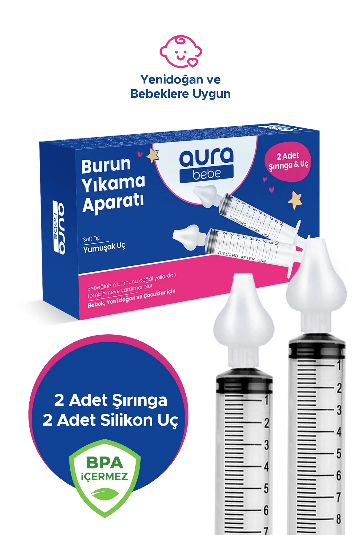 Aura Bebe Bebek Burun Yıkama Enjektörü 2'li Nazal Aspiratör Şırınga Temizleme Aparatı