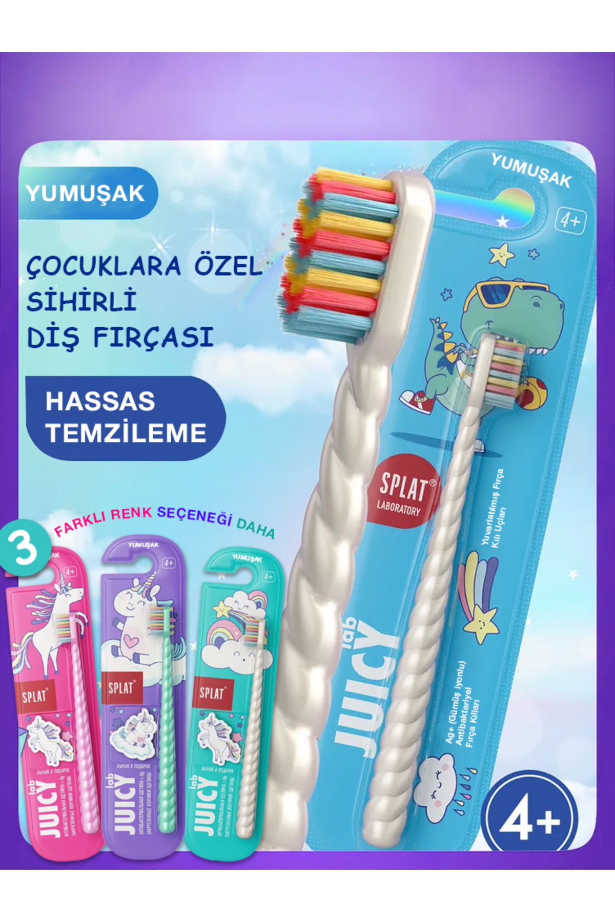 Splat Juicy Lab Unicorn Magic Çocuk Diş Fırçası 4+ Yumuşak Gümüş İyonlu