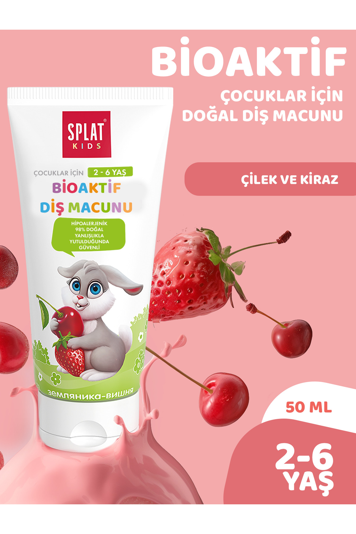 Splat Kids Çilek & Vişne Çocuk Diş Macunu 50 ml – 2-6 Yaş, Doğal Formül, Florür İçermez