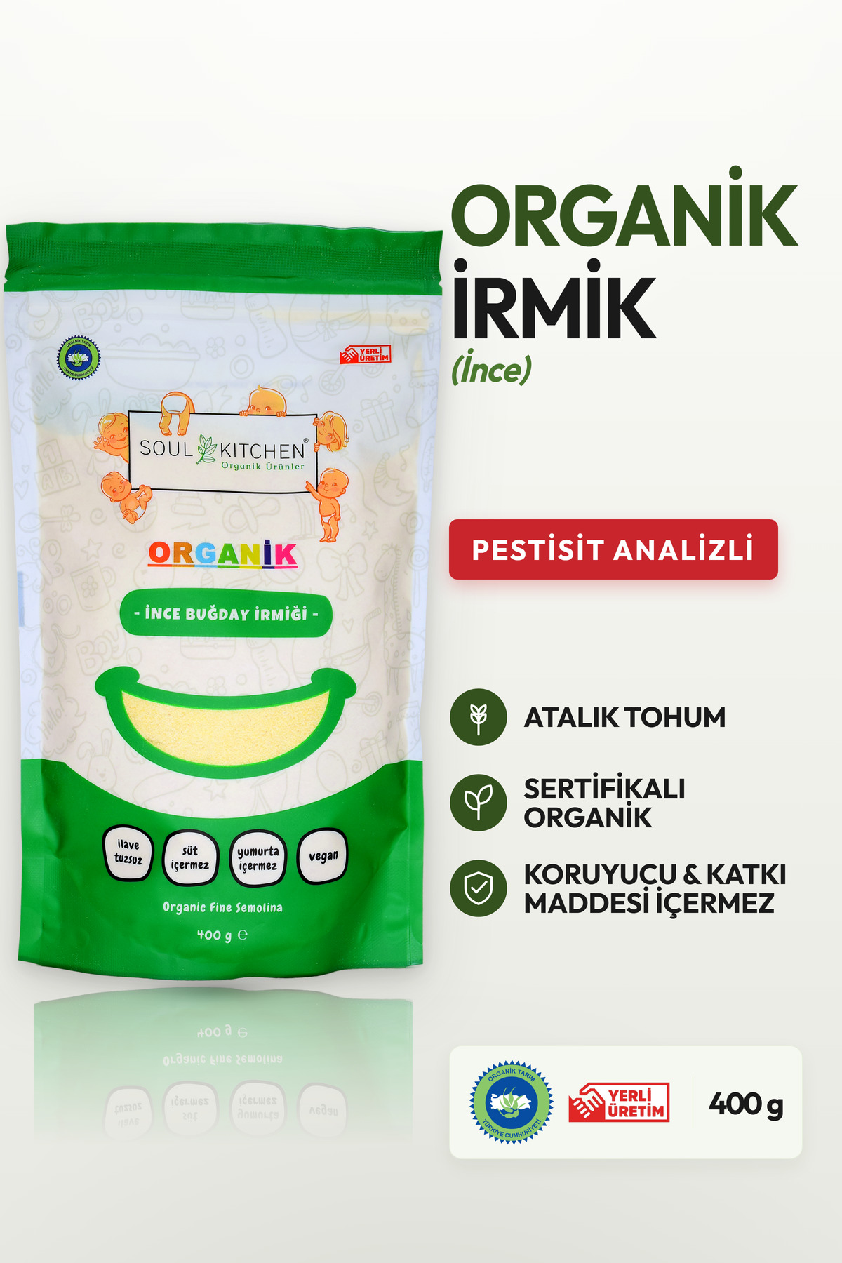 Soul Kitchen Organik Ürünler Organik Sertifikalı İnce İrmik Kilitli Ambalaj 400 g Bebek Beslenmesine Uygun