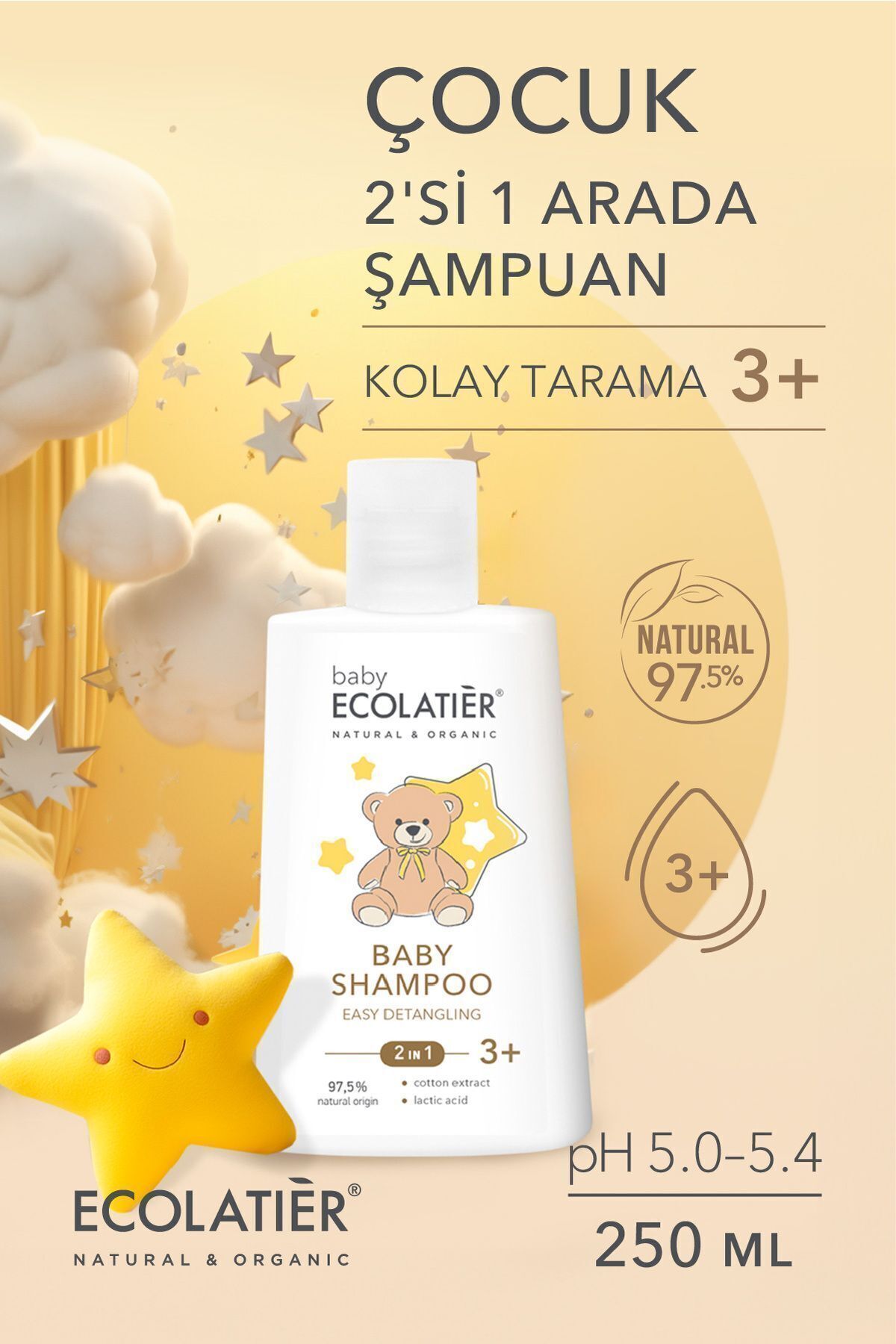 ECOLATIER 2'si 1 Arada Kolay Tarama Bebek Ve Çocuk Şampuanı 3+ Yaş Organik 250 ml Baby 2-in-1 Easy Detangling