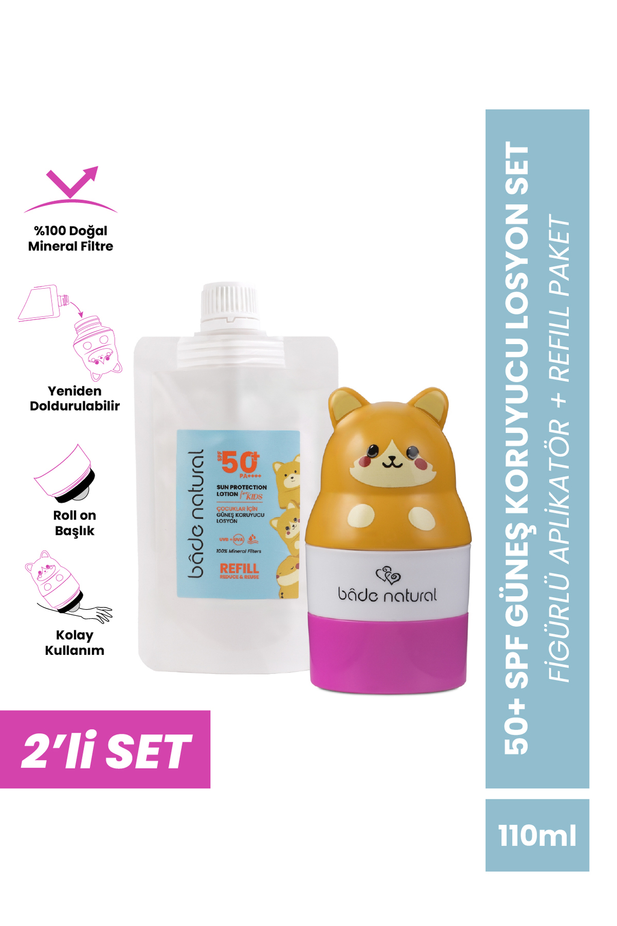 Bade Natural Çocuk Güneş Koruyucu Losyon 50+ SPF 0 Doğal Refill Paket + Kedi Figürlü Aplikatör Set