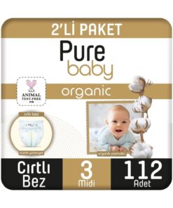 Pure Baby Organik Pamuklu Cırtlı Bez 2'li Paket 3 Numara Midi 112 Adet