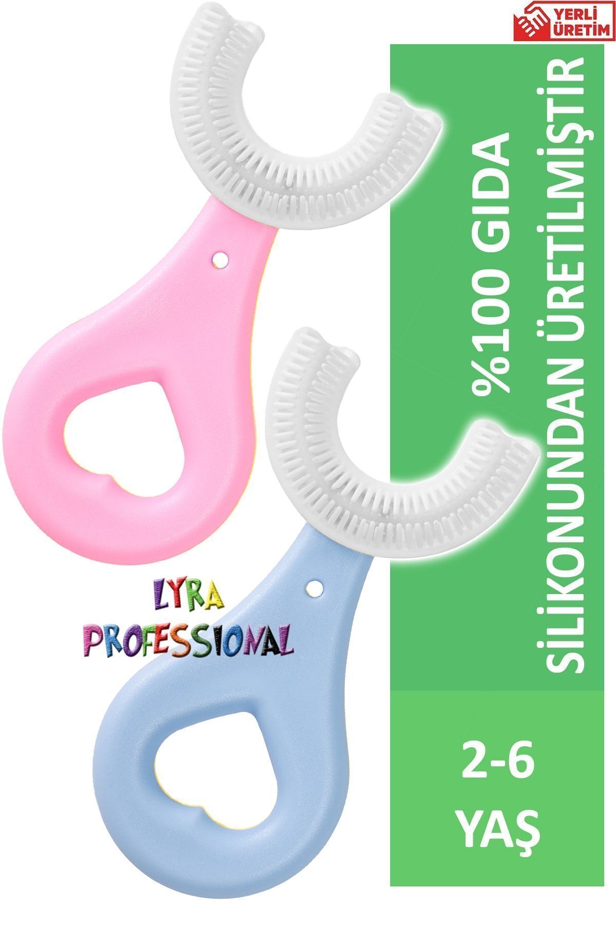 Lyra Professional U Şeklinde Ikili Set Pratik Çocuk Diş Fırçası 2-6 Yaş Pembe Mavi - Görsel 3