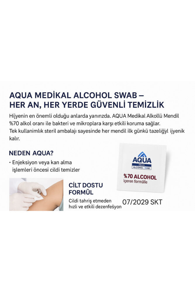 Aqua Alkollü Swab Mendil Alcohol Swab Ethyl Alkol İçerikli Steril Hijyen Temizlik - Görsel 3