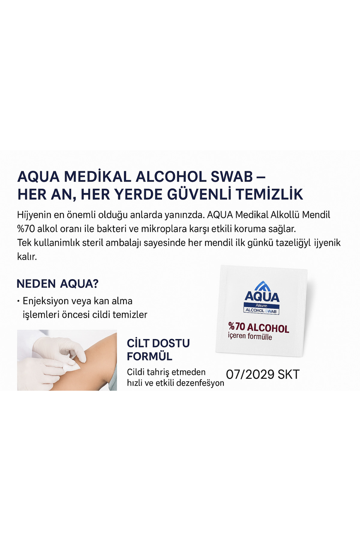Aqua Alkollü Swab Mendil Alcohol Swab Ethyl Alkol İçerikli Steril Hijyen Temizlik - Görsel 3