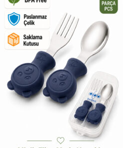 jojobebek Premium Çocuk BPA Free Kaliteli Silikon Saplı Paslanmaz Çelik Uçlu Çatal-Kaşık /LACİVERT