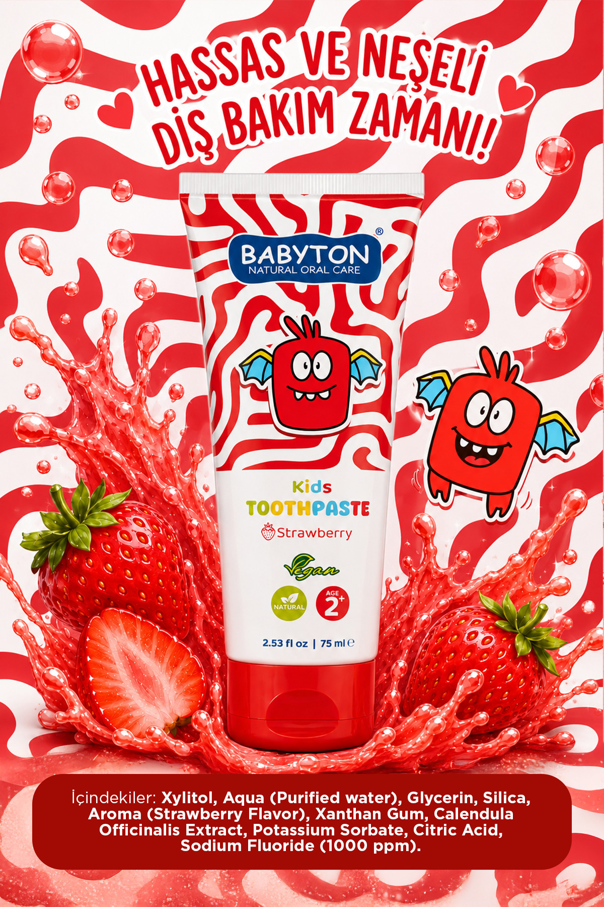 BABYTON Doğal Çilekli 2 Yaş ve Üzeri Florürlü Diş Macunu 75 ml - Görsel 3