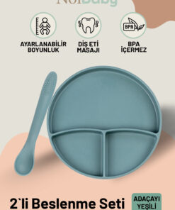 NoiBaby Vakum Tabanlı Silikon Tabak - Silikon Kaşık 2'li Set - ( Koyu Yeşil )