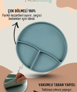 NoiBaby Vakum Tabanlı Silikon Tabak - Silikon Kaşık 2'li Set - ( Koyu Yeşil ) - Görsel 3