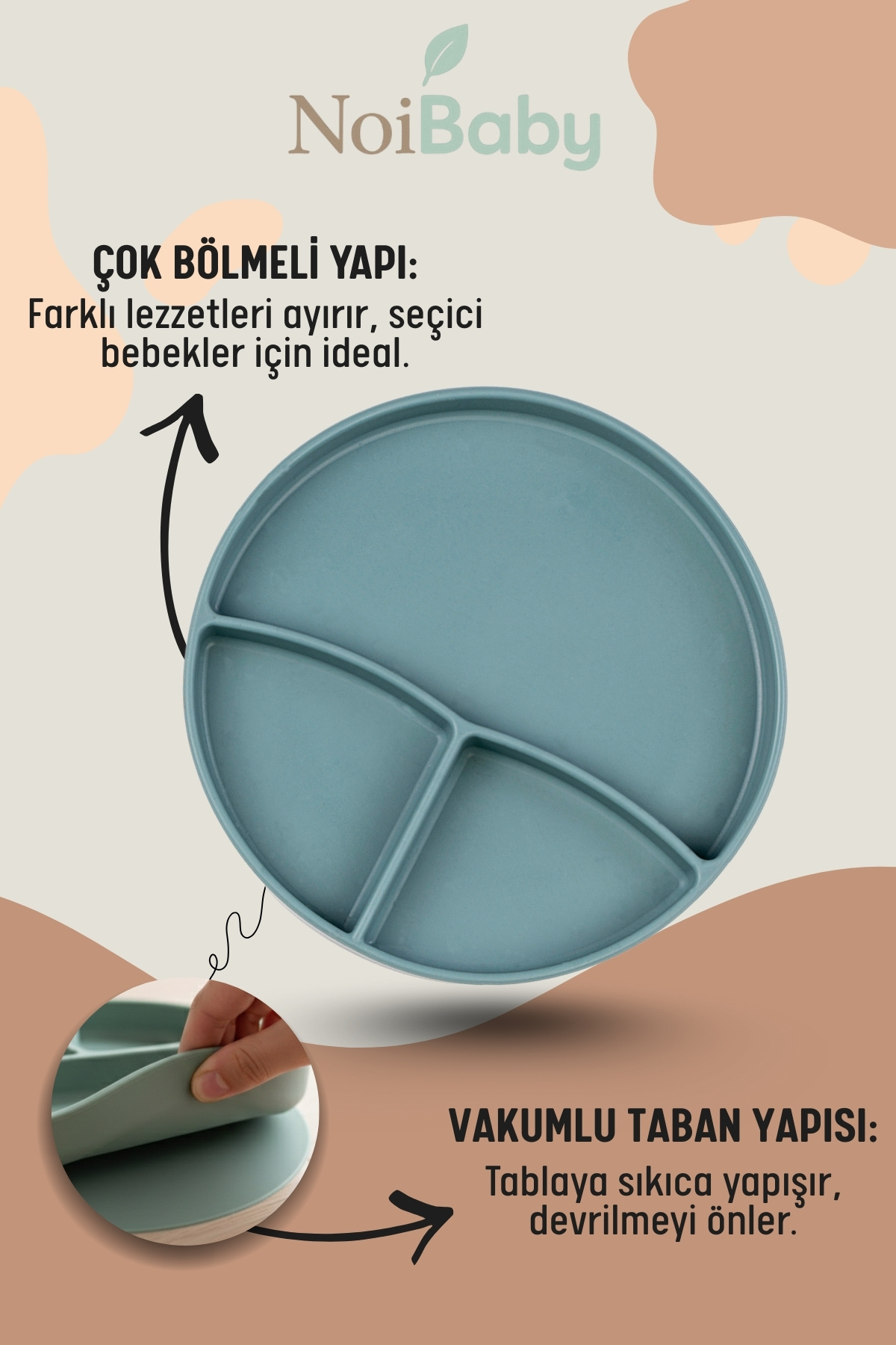 NoiBaby Vakum Tabanlı Silikon Tabak - Silikon Kaşık 2'li Set - ( Koyu Yeşil ) - Görsel 3