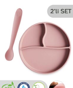 Meleni Baby 2'li Silikon Bebek Beslenme Seti - Vakumlu Tabak, Diş Kaşıyıcılı Silikon Kaşık - Pembe