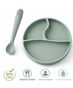 CKM silikon 2'Li Bebek Beslenme Seti Vakumlu Mama Tabağı-Mama Kaşığı Mint Yeşili