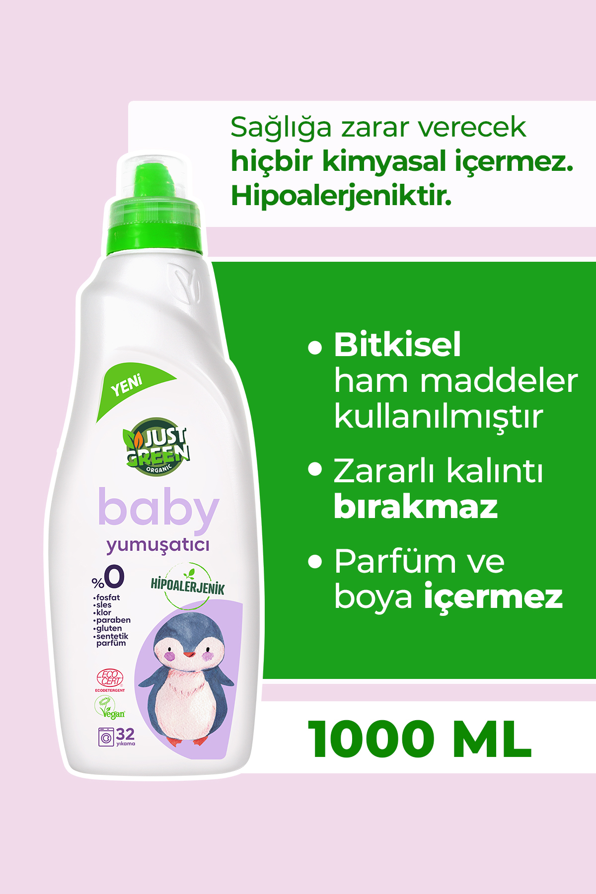 Just Green Organic Baby Çamaşır Yumuşatıcı - Bebekler Için 0 Doğal Ve Hassas Yumuşaklık (1000 ML) Yerli Üretim