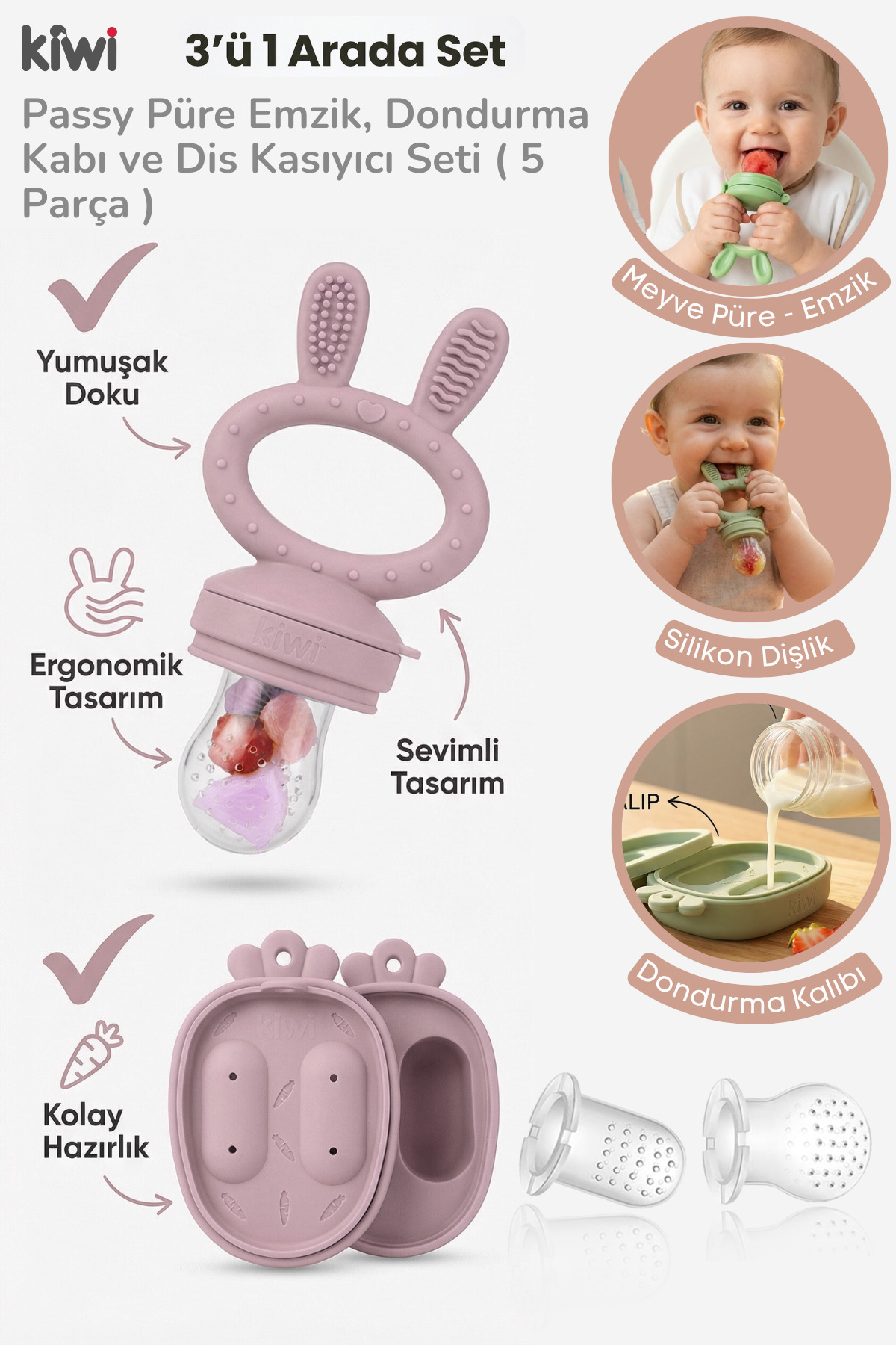 Kiwi Passy Püre Emzik ve Diş Kaşıyıcı Bebek Meyve Süzgeci+Buz Kalıbı - Rose Pink