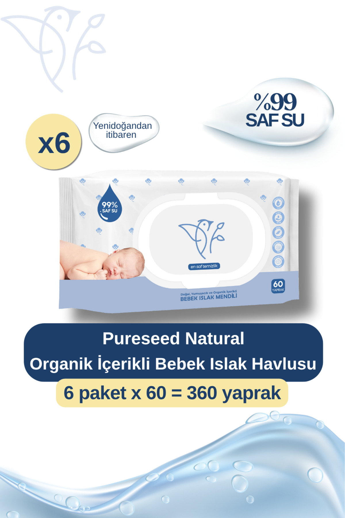 PURESEED NATURAL ORGANİK İÇERİKLİ SAF SU BEBEK ISLAK HAVLUSU 6x60