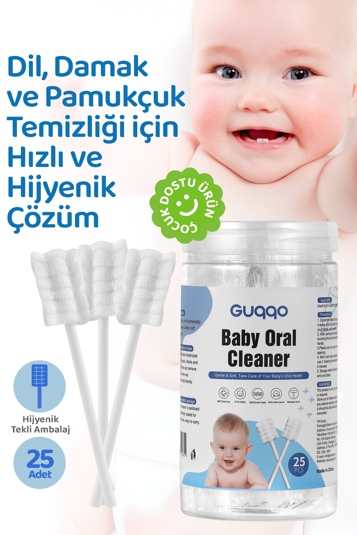 Guqqo Bebek Agız Temizleme Çubuğu, 25 Adet, Yenidoğan Dil Pamukçuk Temizleyici