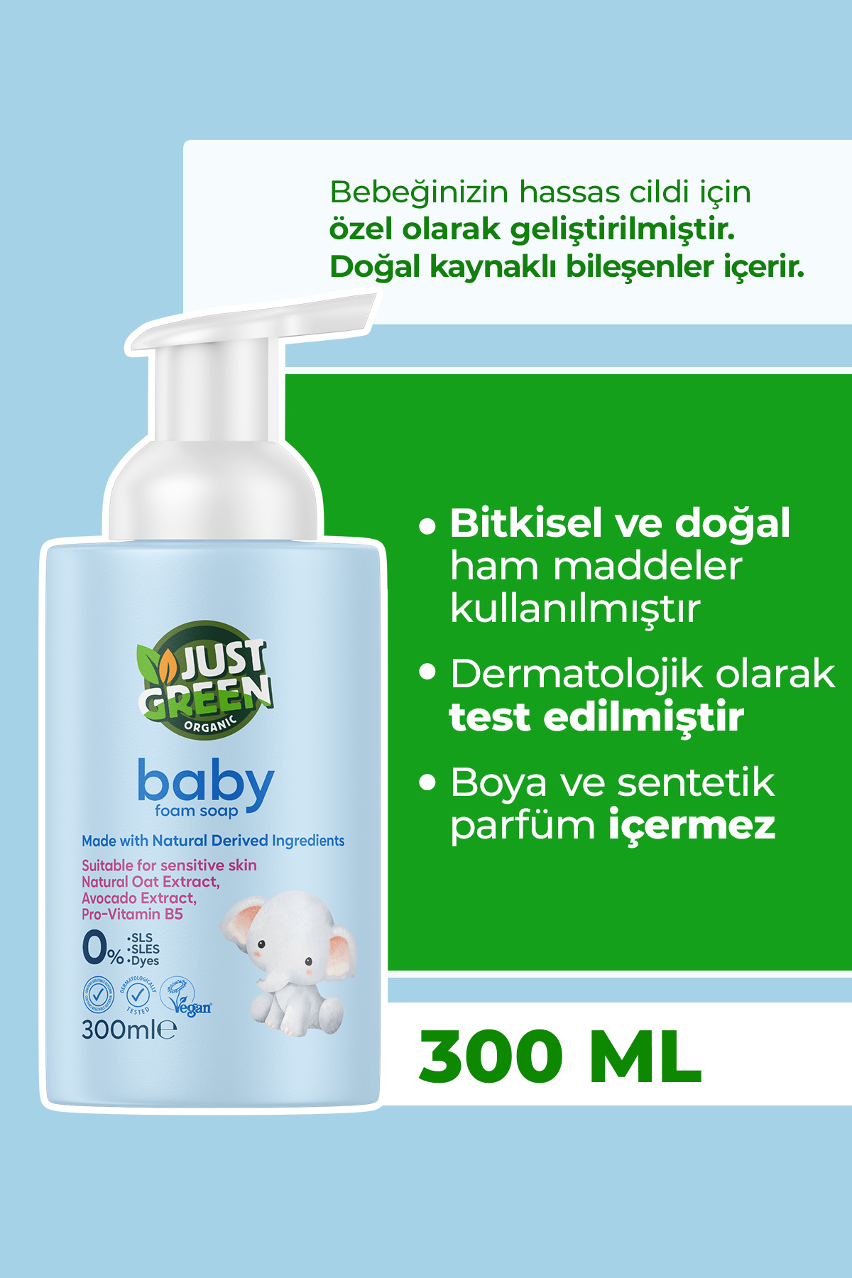 Just Green Organic Baby Köpük El Sabunu Bitkisel İçerikli Hassas Ciltler İçin 300 ml
