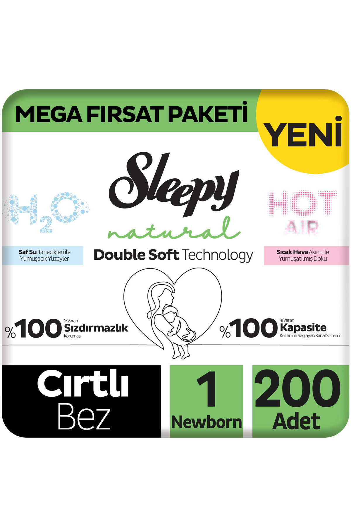 Sleepy Natural Double Soft Mega Fırsat Paketi Bebek Bezi 1 Numara Newborn 200 Adet