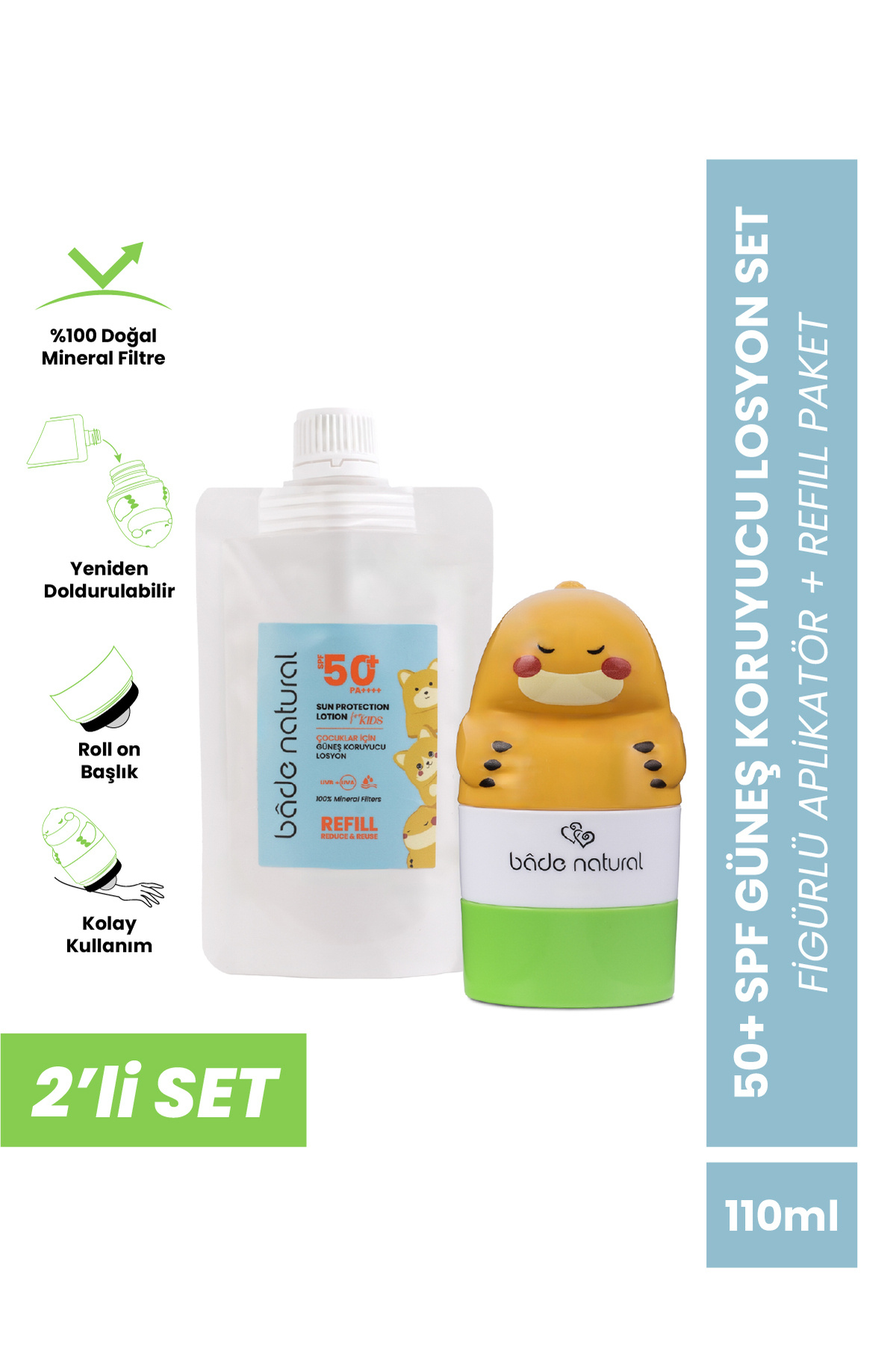 Bade Natural Çocuk Güneş Koruyucu Losyon 50+ SPF 0 Doğal Refill Paket + Dinozor Figürlü Aplikatör Set