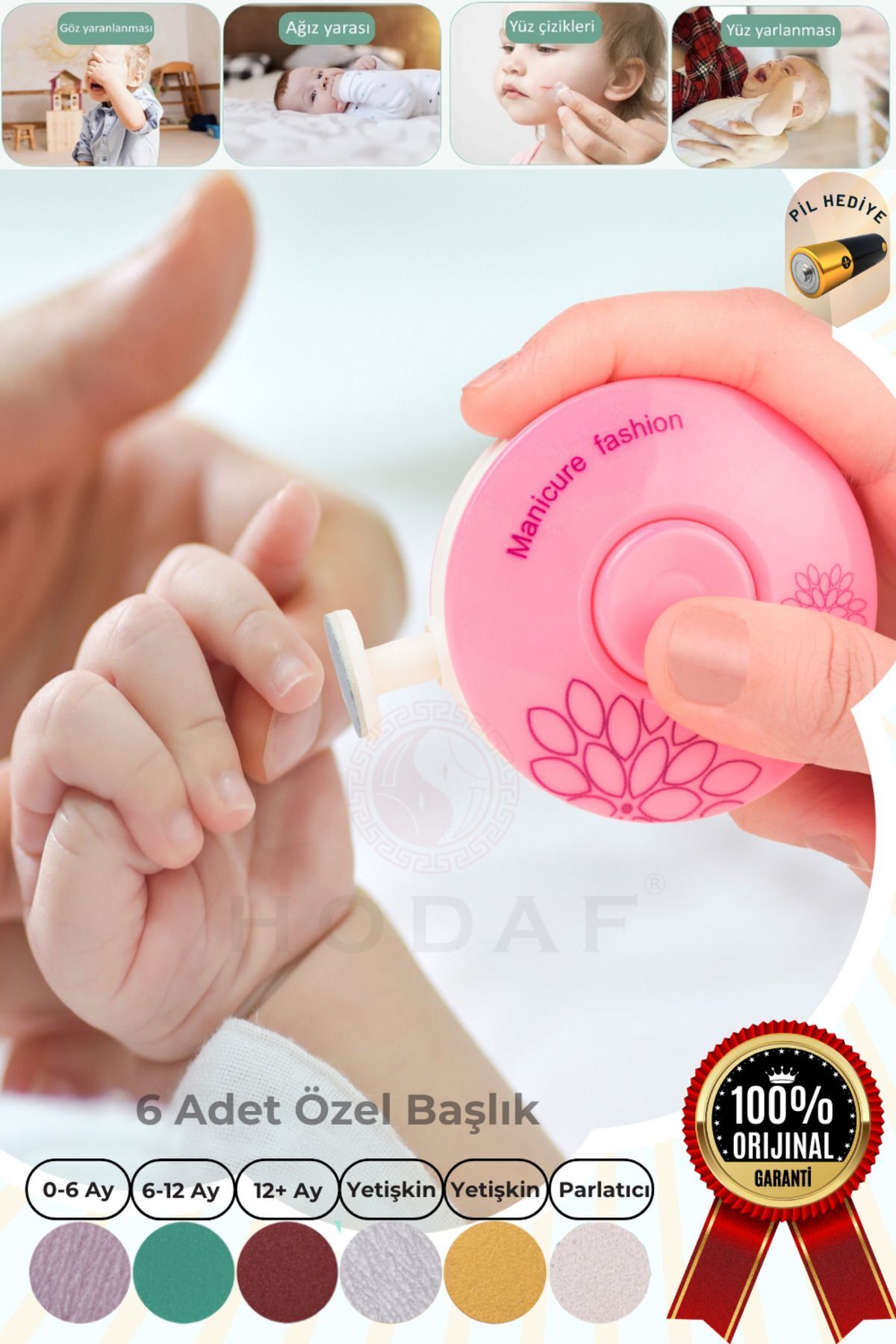 HODAF Yenidoğan Bebek/Çocuk ve Yetişkin Pilli Tırnak Kesme Törpüleme Makinası Manikür Set 6 Başlıklı