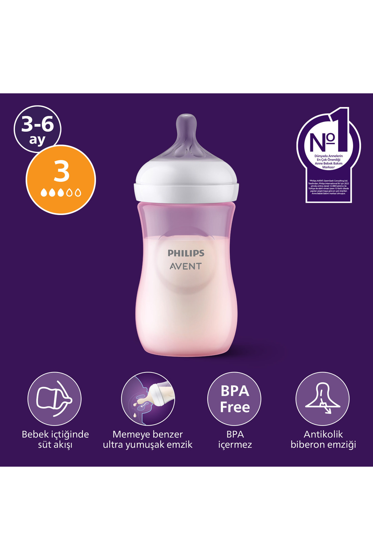 Philips Avent Doğal Tepkili PP Pembe Biberon, 260ml, 3-6 Ay, SCY903/11