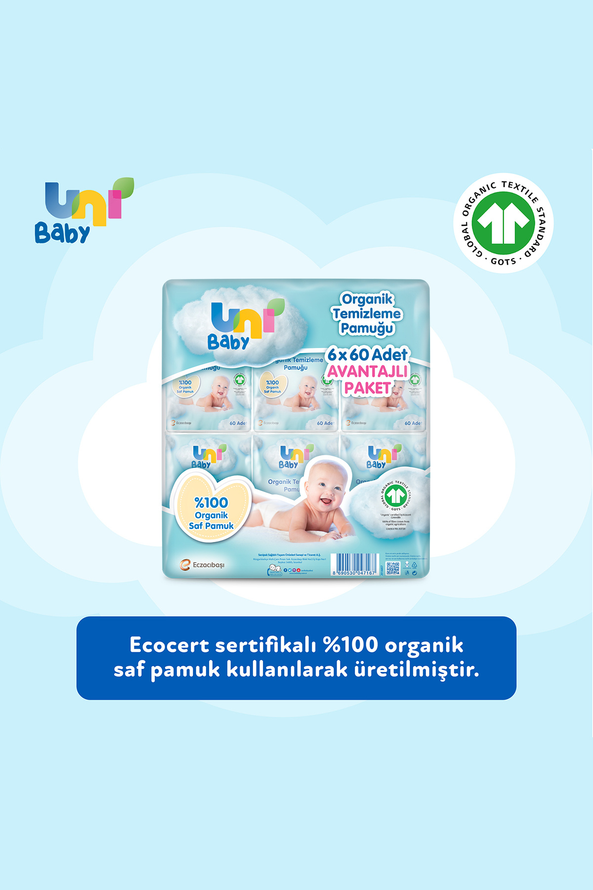 Uni Baby Bebek Temizleme Pamuğu 60 Lı X 6 Adet - Görsel 3