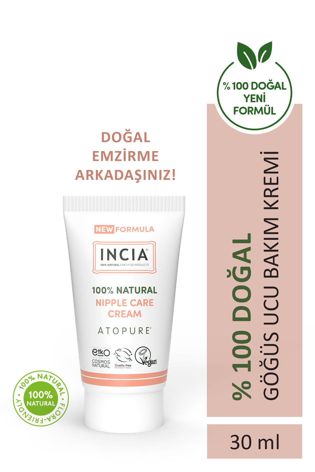 INCIA ATOPURE ® 0 Doğal Göğüs Ucu Bakım Kremi Yumuşatma ve Koruma Lanolin İçermez 30 ml