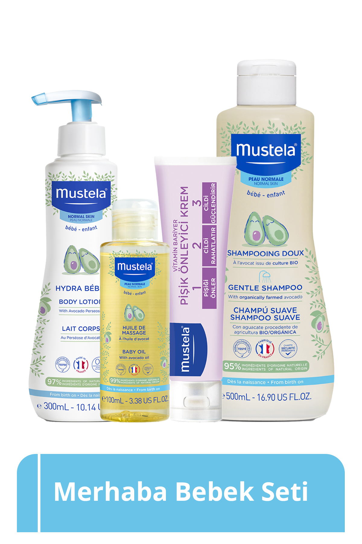 Mustela Merhaba Bebek Seti- Kolay Tarama Sağlayan Şampuan Pişik Kremi Masaj Yağı Vücut Losyonu Bebek Çocuk