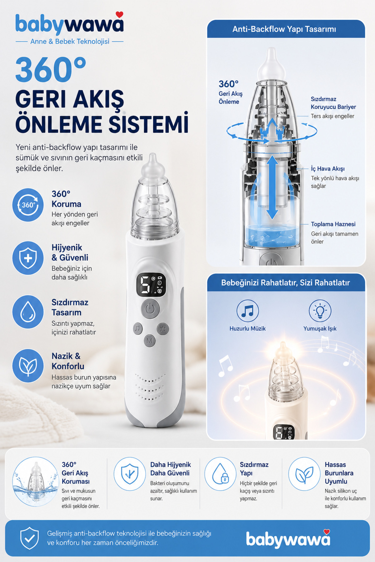 babywawa H-032 Elektrikli Burun Aspiratörü 0-12 Yaş Şarjlı Nazal Aspiratör 5 Kademe Güçlü Vakum LED Işıklı Müzikli - Görsel 3