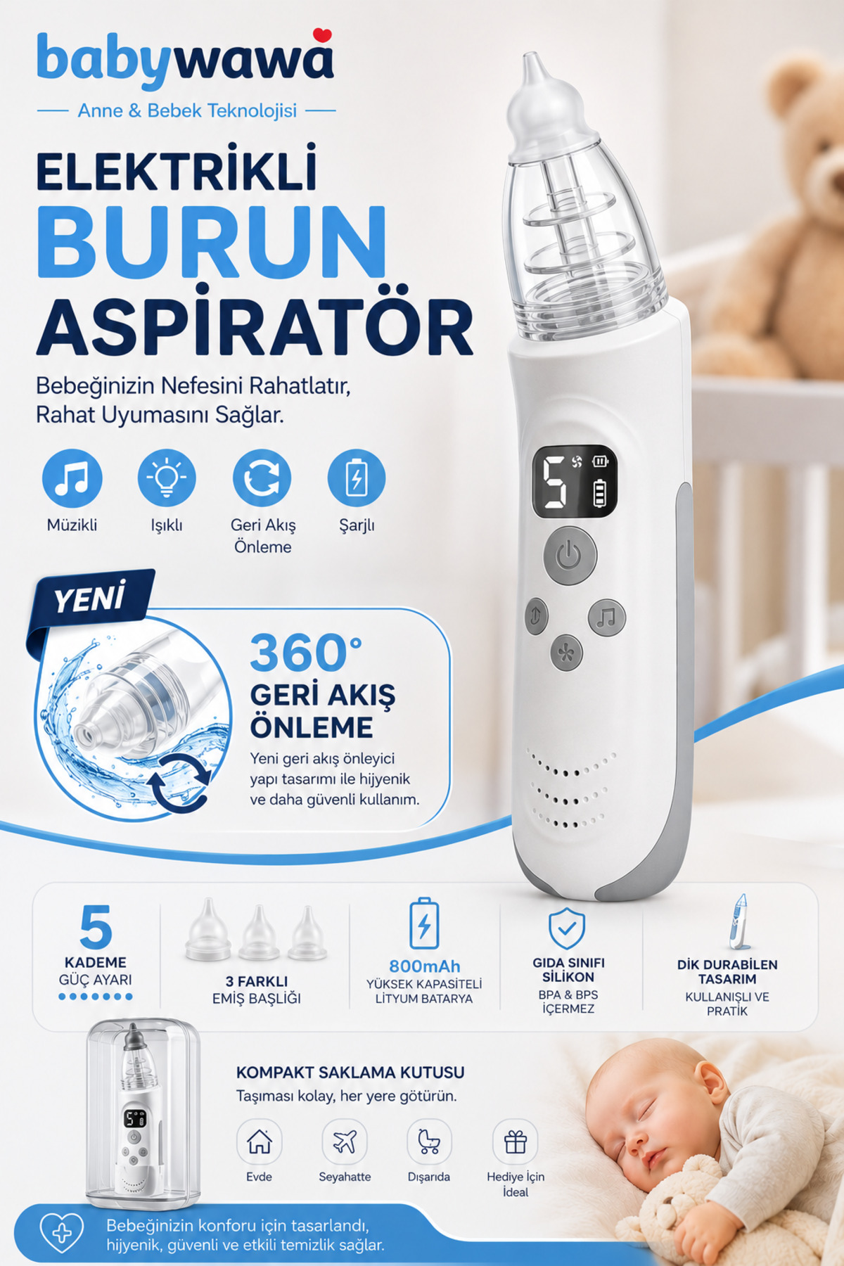 babywawa H-032 Elektrikli Burun Aspiratörü 0-12 Yaş Şarjlı Nazal Aspiratör 5 Kademe Güçlü Vakum LED Işıklı Müzikli