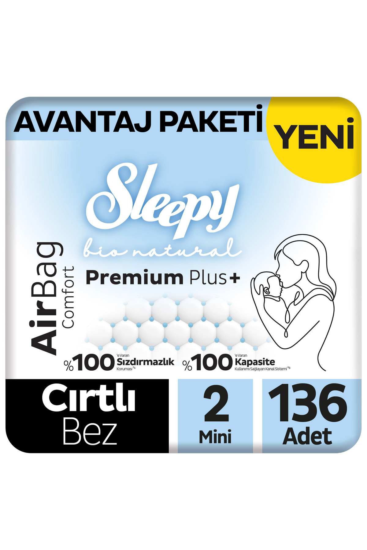 Sleepy Bio Natural Premium Plus Airbag Comfort Avantaj Paketi Bebek Bezi 2 Numara Mini 136 Adet