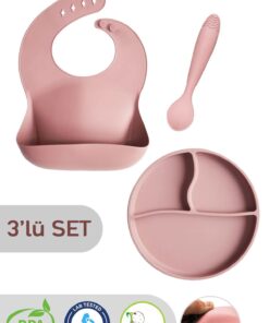 Meleni Baby 3'lü Silikon Beslenme Seti -silikon Mama Önlüğü, Vakumlu Tabak, Diş Kaşıyıcılı Kaşık Pembe