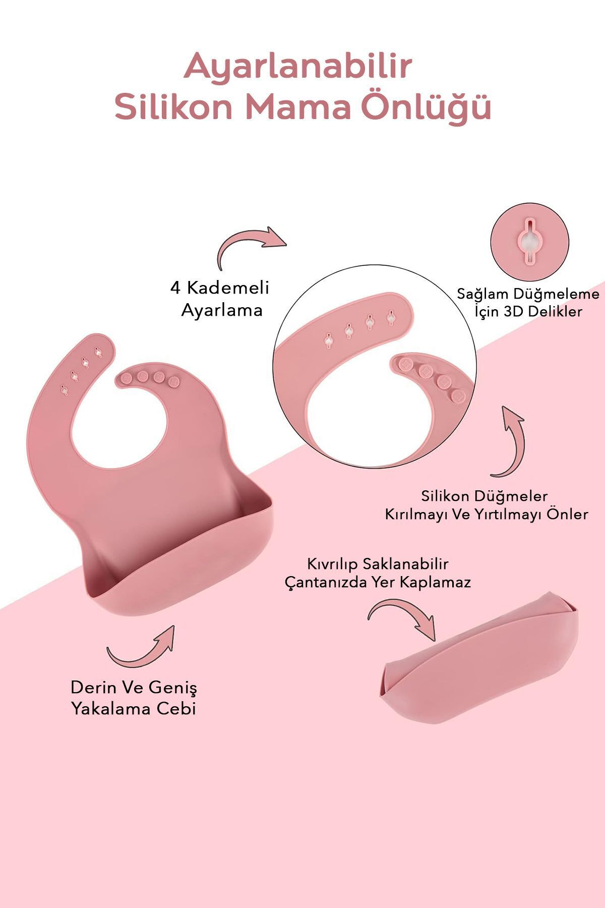 Meleni Baby 3'lü Silikon Beslenme Seti -silikon Mama Önlüğü, Vakumlu Tabak, Diş Kaşıyıcılı Kaşık Pembe - Görsel 3