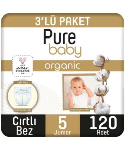 Pure Baby Organik Pamuklu Cırtlı Bez 3'Lü Paket 5 Numara Junior 120 Adet