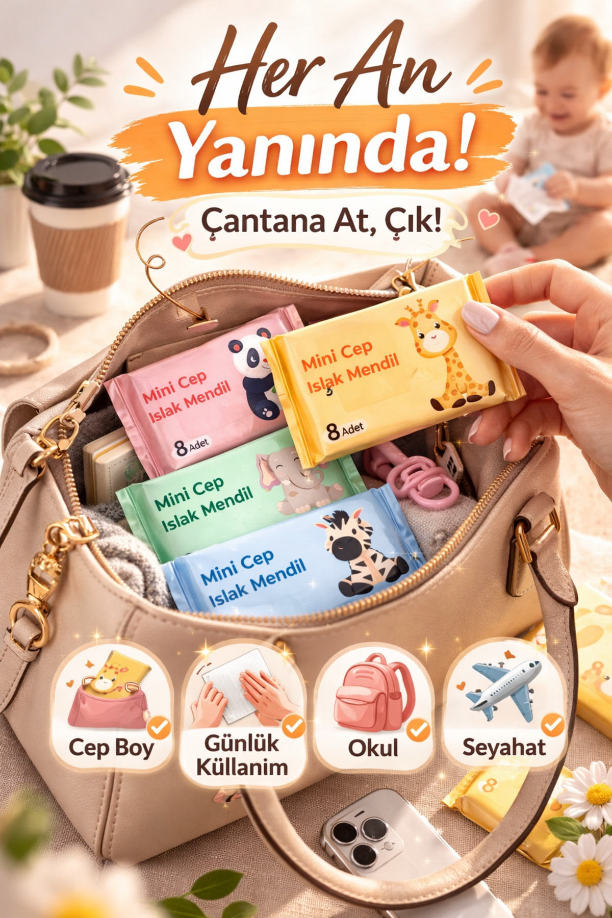 M&H 1 Adet 8 Yaprak Mini Islak Mendil Taşınabilir Cep Tipi Çanta Boy Islak Mendil - Görsel 3