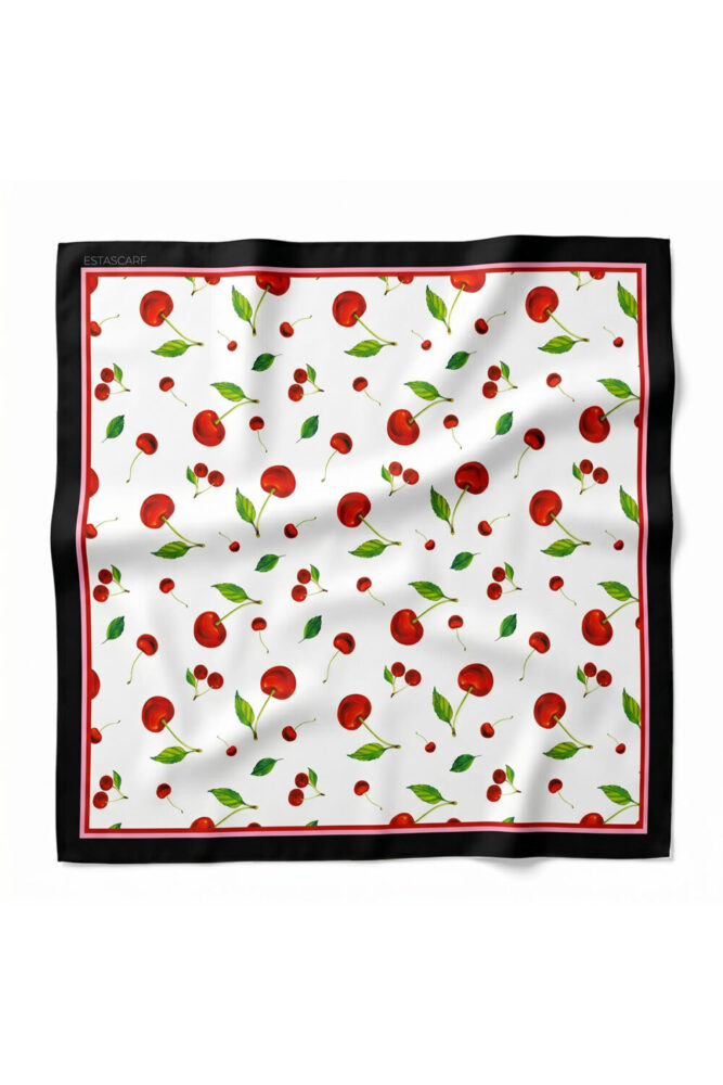 tarzınısec Tarzını Seç Siyah Çerçeveli Kiraz Desenli Fular / Bandana 70x70 cm