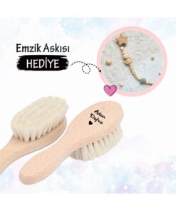 encii İsme Özel Doğal Bebek Keçi Kılı Tarak Emzik Askısı Hediyeli