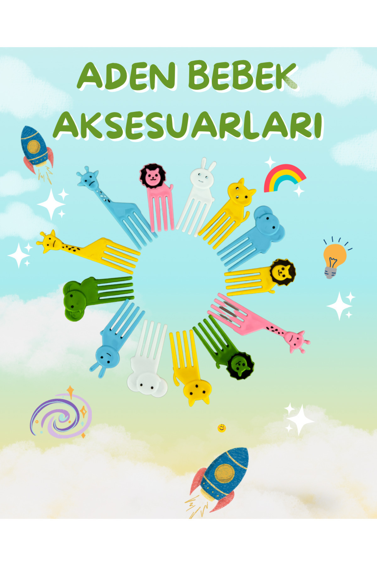ADEN BEBEK AKSESUARLARI Çocuk Bebek 10’lu Hayvan Figürlü Kırılmaz Atıştırmalık Çatalı(Fil,Zürafa,Tavşan,Kedi,Aslan)