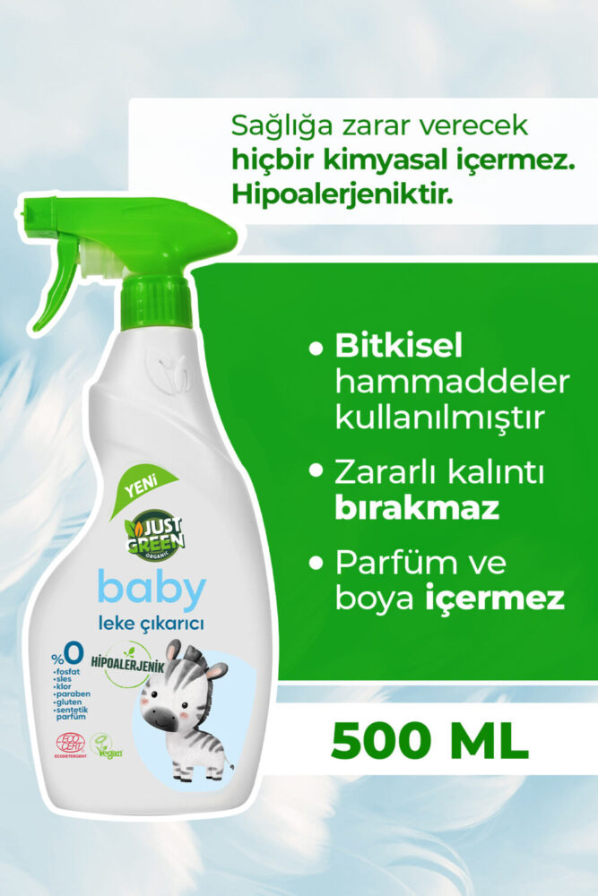 Just Green Organic Baby Leke Çıkartıcı - Bebekler Için 0 Doğal Ve 0 Bitkisel Temizlik, 500 ml Yerli Üretim, Vegan