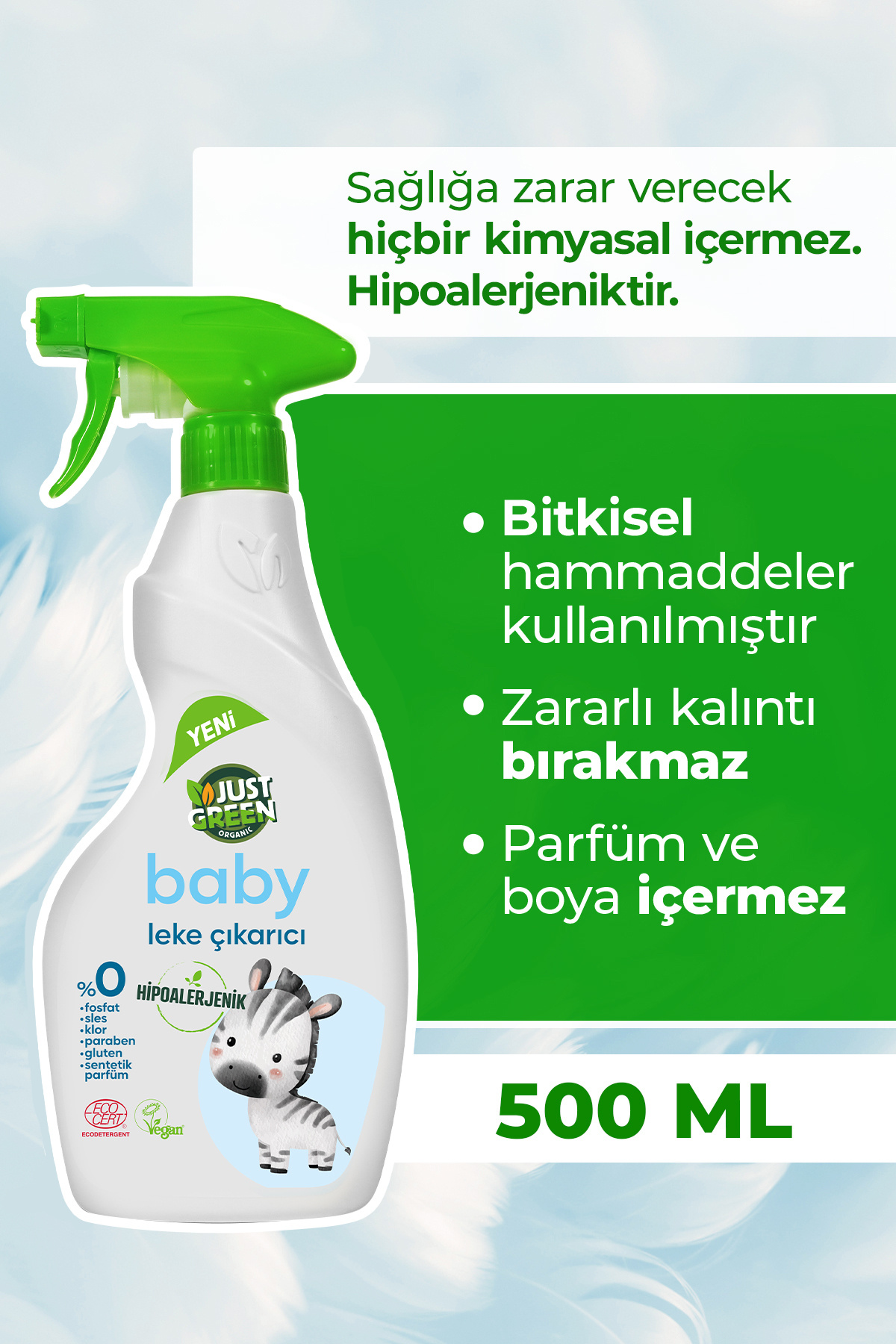 Just Green Organic Baby Leke Çıkartıcı - Bebekler Için 0 Doğal Ve 0 Bitkisel Temizlik, 500 ml Yerli Üretim, Vegan