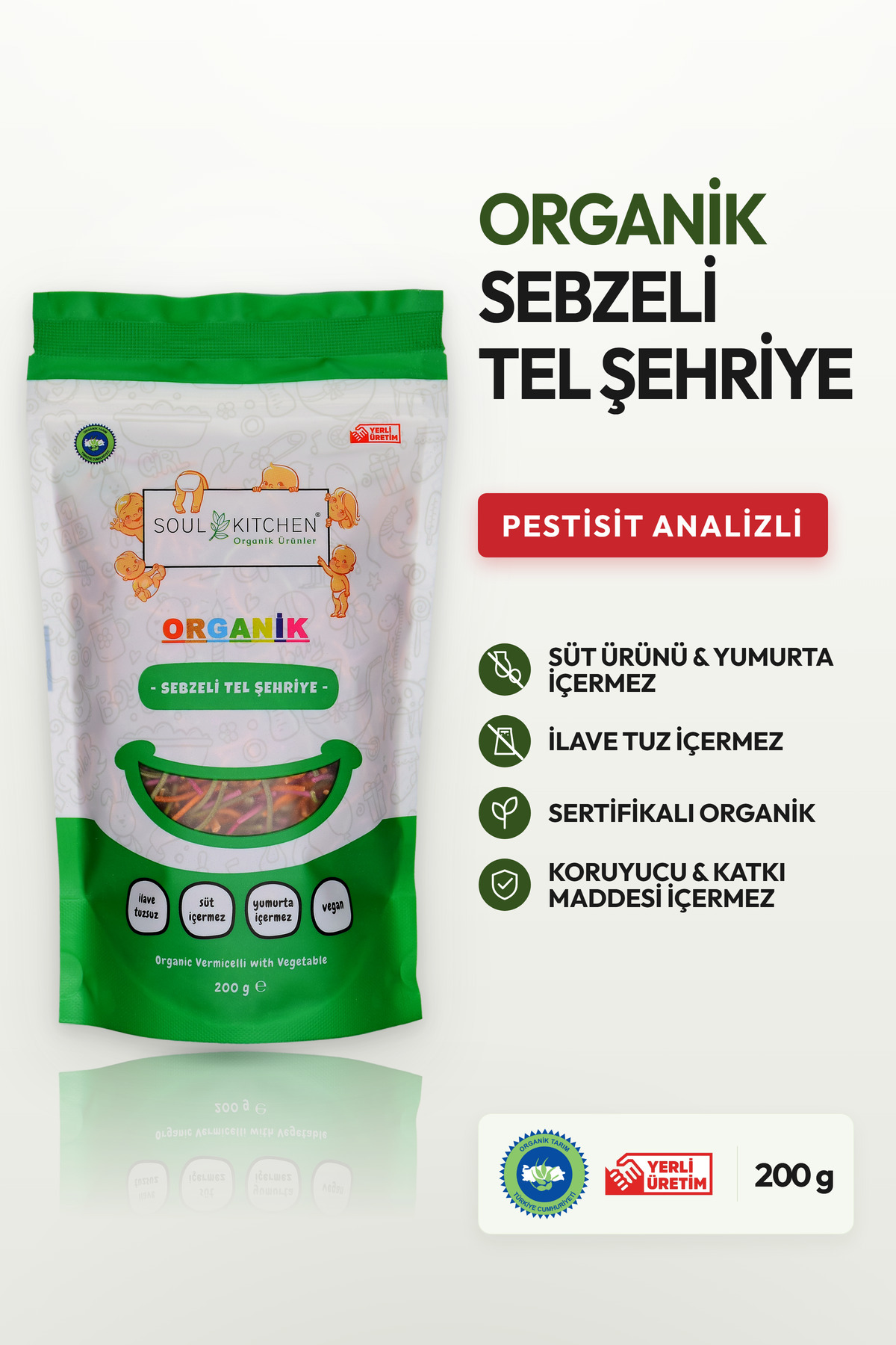 Soul Kitchen Organik Ürünler Organik Sertifikalı Sebzeli Tel Şehriye İlave Tuzsuz Vegan Kilitli Ambalaj 200 g