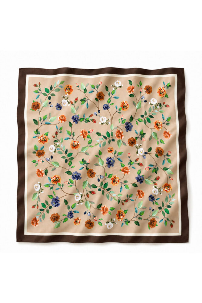tarzınısec Tarzını Seç Kahverengi Gül Fular / Bandana / Aksesuar / Şal / Eşarp 70x70 - Görsel 3