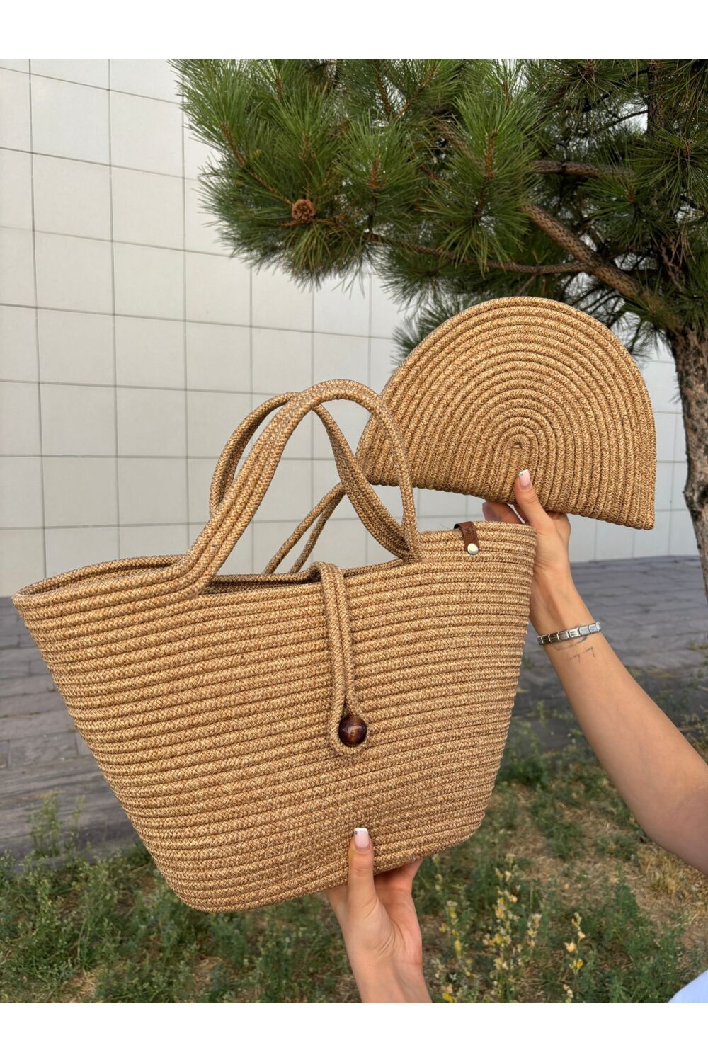 MaVaux Lumos Fermuarlı Hasır Jüt Vegan Clutch Çanta, Düğmeli Kol Çantası - Görsel 3