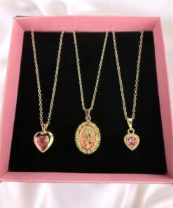 Madam Bikan Gold Renk 3 Lü Gül Detaylı Pembe Taşlı Mineli Kalp Kombin Set Kolye - Görsel 3